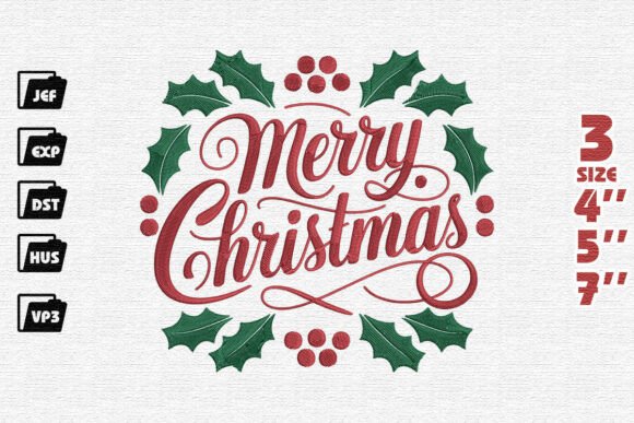 Elegant Merry Christmas Holly Wreath Embroidery Design
