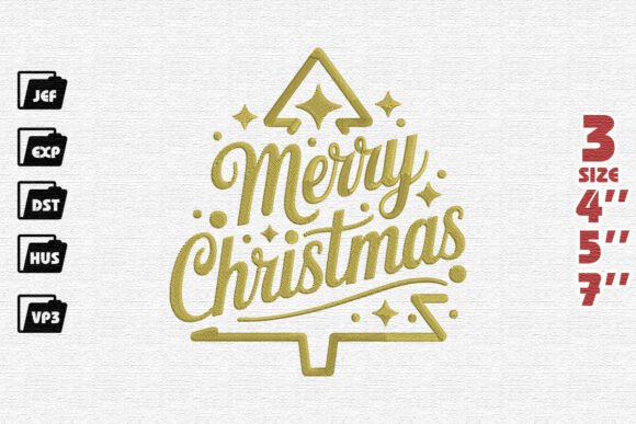 Golden Merry Christmas Typography Tree Embroidery Design